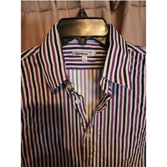 Express 1MX Size S purple/ Navy Stripe long sleeve shirt 14- 14 1/2 - Picture 2 of 3